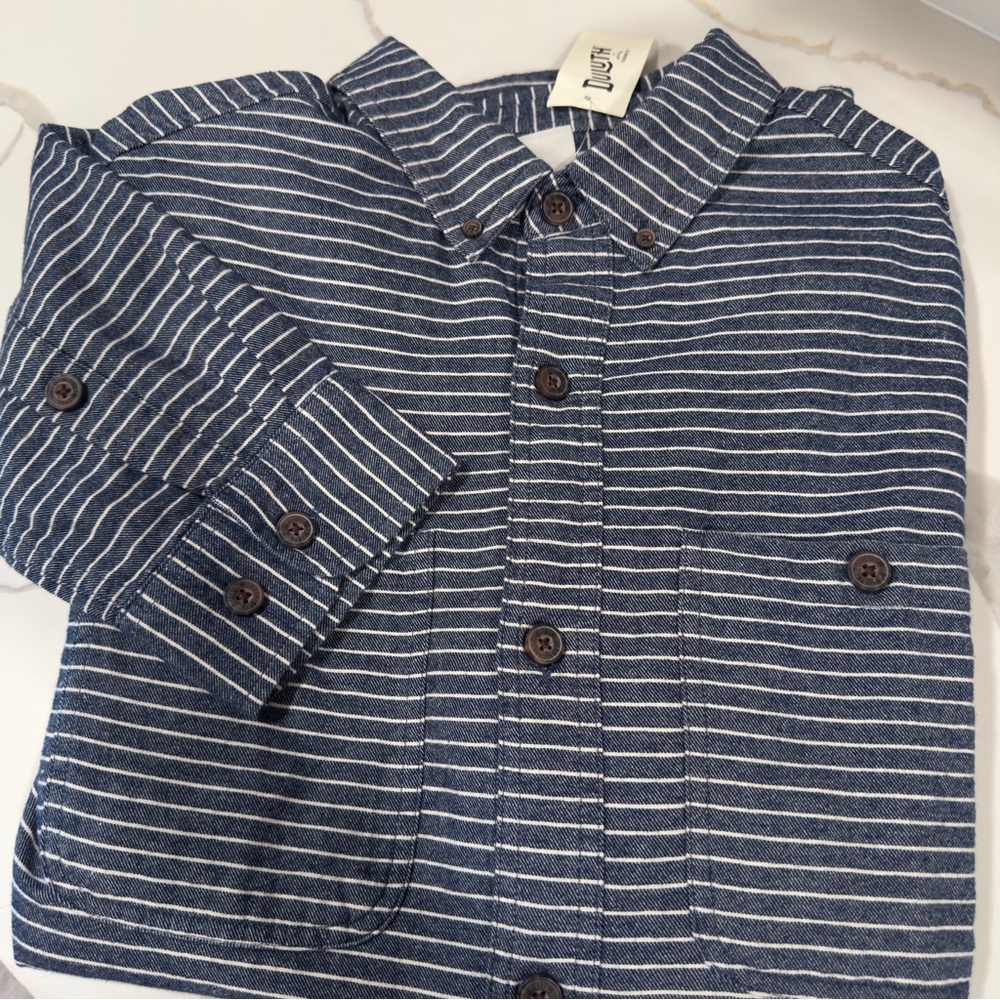 Duluth Trading Co Free Swingin' Flannel Shirt Slim Fit‎ Blue Stripes Large NWT